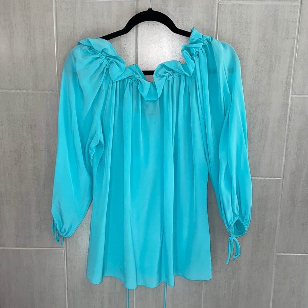 Women's Blue Ruffle Blouse - Picture 2 of 5